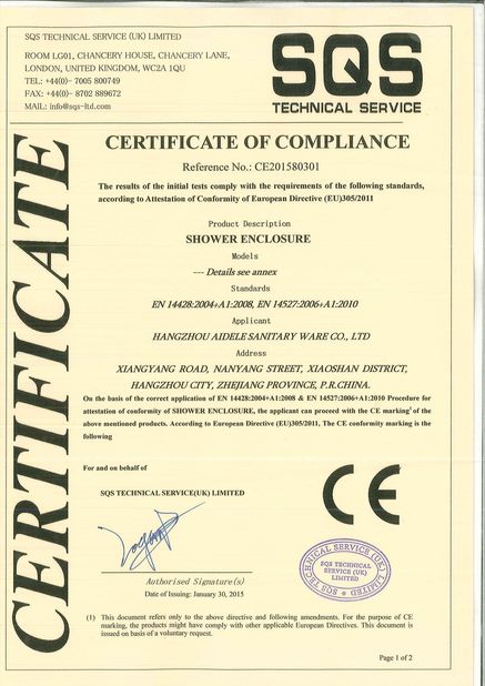 China Hangzhou Aidele Sanitary Ware Co., Ltd. zertifizierungen