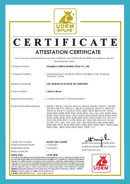 CHINA Hangzhou Aidele Sanitary Ware Co., Ltd. zertifizierungen